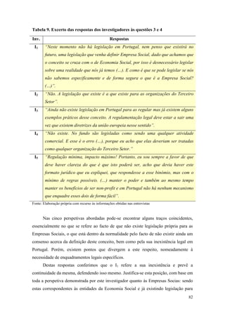 82
Tabela 9. Excerto das respostas dos investigadores às questões 3 e 4
Inv. Respostas
I1 “Neste momento não há legislação em Portugal, nem penso que existirá no
futuro, uma legislação que venha definir Empresa Social, dado que achamos que
o conceito se cruza com o de Economia Social, por isso é desnecessário legislar
sobre uma realidade que nós já temos (…). E como é que se pode legislar se nós
não sabemos especificamente e de forma segura o que é a Empresa Social?
(…)”.
I2 “Não. A legislação que existe é a que existe para as organizações do Terceiro
Setor”.
I3 “Ainda não existe legislação em Portugal para as regular mas já existem alguns
exemplos práticos desse conceito. A regulamentação legal deve estar a sair uma
vez que existem diretrizes da união europeia nesse sentido”.
I4 “Não existe. No fundo são legisladas como sendo uma qualquer atividade
comercial. E esse é o erro (…), porque eu acho que elas deveriam ser tratadas
como qualquer organização do Terceiro Setor.”
I5 “Regulação mínima, impacto máximo! Portanto, eu sou sempre a favor de que
deve haver clareza do que é que isto poderá ser, acho que devia haver este
formato jurídico que eu expliquei, que respondesse a esse binómio, mas com o
mínimo de regras possíveis. (…) manter o poder e também ao mesmo tempo
manter os benefícios de ser non-profit e em Portugal não há nenhum mecanismo
que enquadre esses dois de forma fácil”.
Fonte: Elaboração própria com recurso às informações obtidas nas entrevistas
Nas cinco perspetivas abordadas pode-se encontrar alguns traços coincidentes,
essencialmente no que se refere ao facto de que não existe legislação própria para as
Empresas Sociais, o que está dentro da normalidade pelo facto de não existir ainda um
consenso acerca da definição deste conceito, bem como pela sua inexistência legal em
Portugal. Porém, existem pontos que divergem a este respeito, nomeadamente à
necessidade de enquadramentos legais específicos.
Destas respostas conferimos que o I1 refere a sua inexistência e prevê a
continuidade da mesma, defendendo isso mesmo. Justifica-se esta posição, com base em
toda a perspetiva demonstrada por este investigador quanto às Empresas Socias: sendo
estas correspondentes às entidades da Economia Social e já existindo legislação para
 