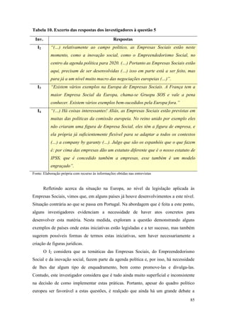 85
Tabela 10. Excerto das respostas dos investigadores à questão 5
Inv. Respostas
I2 “(…) relativamente ao campo politico, as Empresas Sociais estão neste
momento, como a inovação social, como o Empreendedorismo Social, no
centro da agenda política para 2020. (…) Portanto as Empresas Sociais estão
aqui, precisam de ser desenvolvidas (…) isso em parte está a ser feito, mas
para já a um nível muito macro das negociações europeias (…)”.
I3 “Existem vários exemplos na Europa de Empresas Sociais. A França tem a
maior Empresa Social da Europa, chama-se Gruopu SOS e vale a pena
conhecer. Existem vários exemplos bem-sucedidos pela Europa fora.”
I4 “(…) Há coisas interessantes! Aliás, as Empresas Sociais estão previstas em
muitas das políticas da comissão europeia. No reino unido por exemplo eles
não criaram uma figura de Empresa Social, eles têm a figura de empresa, e
ela própria já suficientemente flexível para se adaptar a todos os contextos
(…) a company by garanty (…). Julgo que são os espanhóis que o que fazem
é: por cima das empresas dão um estatuto diferente que é o nosso estatuto de
IPSS, que é concedido também a empresas, esse também é um modelo
engraçado”.
Fonte: Elaboração própria com recurso às informações obtidas nas entrevistas
Refletindo acerca da situação na Europa, ao nível da legislação aplicada às
Empresas Sociais, vimos que, em alguns países já houve desenvolvimentos a este nível.
Situação contrária ao que se passa em Portugal. Na abordagem que é feita a este ponto,
alguns investigadores evidenciam a necessidade de haver atos concretos para
desenvolver esta matéria. Nesta medida, exploram a questão demonstrando alguns
exemplos de países onde estas iniciativas estão legisladas e a ter sucesso, mas também
sugerem possíveis formas de termos estas iniciativas, sem haver necessariamente a
criação de figuras jurídicas.
O I2 considera que as temáticas das Empresas Sociais, do Empreendedorismo
Social e da inovação social, fazem parte da agenda política e, por isso, há necessidade
de lhes dar algum tipo de enquadramento, bem como promove-las e divulga-las.
Contudo, este investigador considera que é tudo ainda muito superficial e inconsistente
na decisão de como implementar estas práticas. Portanto, apesar do quadro político
europeu ser favorável a estas questões, é realçado que ainda há um grande debate a
 