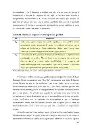 87
investigadores 1, 2 e 3, facto que se justifica para o I1, pela sua perspetiva de que é
desnecessária a criação de Empresas Sociais, logo, a colocação desta questão é
desapropriada. Relativamente ao I2, não foi colocada esta questão pela decorrer da
conversa ter tomado um rumo que a tornou secundária. Tal como já evidenciado
anteriormente, o I3 enviou as suas respostas à entrevista via correio eletrónico e, nesse
documento não constava a resposta a esta questão.
Tabela 11. Excerto das respostas dos investigadores à questão 6
Inv. Respostas
I4 “Não existe apoio porque não existe legislação… mas existem muitas
competições, muitas estruturas de apoio (incubadoras, concursos etc.) à
criação de iniciativas de Empreendedorismo Social, isso é outra coisa,
Empresas Sociais não porque não existe uma figura jurídica”.
I5 “Necessitariam de mecanismos de financiamento facilitado (…) precisamente
qualificação em gestão… Mas no fundo o que se precisa para criar uma
Empresa Social é capital social, credibilidade (…), precisa-se de
conhecimento/equipa com conhecimento, e precisa-se recursos, e portanto,
tudo o que seja mecanismos que supram essas três necessidades.”
Fonte: Elaboração própria com recurso às informações obtidas nas entrevistas
Como temos vindo a constatar, e pegando um pouco nas palavras iniciais do I5, as
Empresas Sociais existem como uma “filosofia”, ou seja, como uma forma de fazer as
coisas diferente do que se faz atualmente: com novas visões, novas perspetivas,
melhoramentos de várias áreas deste setor etc. Desta forma, sabemos que elas não
existem com um formato jurídico e, consequentemente não existem, atualmente, apoios
para a sua criação. No entanto, esta questão foi colocada como uma forma de
perspetivarmos o futuro do que poderiam ser os apoios dados a este tipo de iniciativas.
Assim, verificamos com as respostas dos investigadores o que já referimos
anteriormente. Porém, estes relacionam o assunto com os apoios que são dados ao
Empreendedorismo Social e com inovação que está a acontecer nas organizações
sociais.
O I4 refere que não existe qualquer apoio à criação de Empresas Sociais, porque
não existe legislação para as regular, ao contrário do que acontece com as iniciativas de
Empreendedorismo Social, onde já existe algum apoio estrutural. Já o I5 lança algumas
 
