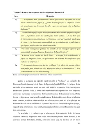 92
Tabela 13. Excerto das respostas dos investigadores à questão 8
Inv. Respostas
I1 “(…) segundo o meu entendimento a razão que levou o legislador da lei de
bases a não colocar a figura, (…) partiu do princípio que as Empresas Sociais
são as entidades da Economia Social… e por isso para quê estar a duplicar
diplomas?”
I2 “Por um lado significa que institucionalmente não estamos preparados para
isso (…) portanto acho que ainda falta muito debate. (…) era bom que
tivéssemos um novo estatuto, se (…) trouxesse valor acrescentado aquilo que
já existe (…) se fosse mais uma novidade que a sociedade não percebe bem o
que é que é aquilo, acho que não fazia sentido!”
I3 “Foi uma contingência política no sentido de se conseguir aprovar por
unanimidade a Lei de Bases na Assembleia da Republica (…)”
I4 “Acho que devia constar da lei de bases… acho que fazia sentido criar a
figura de Empresa Social, ou pelo menos um sistema de certificação que
incluísse as empresas.”
I5 “(…) enquanto forem experiências residuais, (…) não terão massa crítica,
nem poder para influenciar a lei. O governo não foi visionário nisso (…) se
calhar também não é o melhor timing…”
Fonte: Elaboração própria com recurso às informações obtidas nas entrevistas
Quanto à pergunta de opinião, relativamente à “exclusão” do conceito de
Empresas Sociais da nova Lei de Bases da Economia Social (2013), o I1 é a favor desta
exclusão pelos contornos atuais em que está imbuído o conceito. Este investigador
refere nesta questão o que já tinha sido evidenciado em algumas das suas respostas
anteriores, explicando o cruzamento deste conceito com o de Economia Social. Desta
forma, evidencia que para haver legislação acerca desta temática teria de ser criado um
novo estatuto jurídico e, nessa medida, se o investigador parte do princípio que as
Empresas Sociais são as entidades da Economia Social, não fará sentido legislar porque,
segundo este, estaríamos a criar uma figura que já existe no nosso ordenamento mas que
tem outro nome.
Por seu lado, o I2 esclarece que o afastamento deste conceito da lei de bases
deveu-se à falta de preparação para o que este conceito poderia trazer de novo, e do
consenso acerca deste tema. Porém, acrescenta ainda que era positivo ter um novo
 