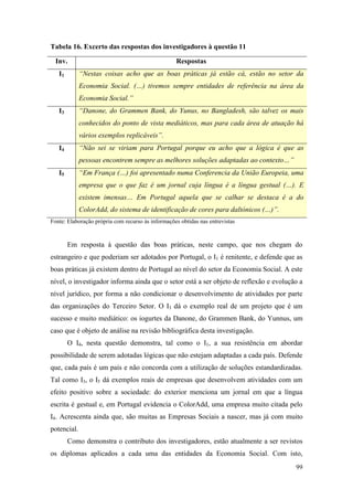 99
Tabela 16. Excerto das respostas dos investigadores à questão 11
Inv. Respostas
I1 “Nestas coisas acho que as boas práticas já estão cá, estão no setor da
Economia Social. (…) tivemos sempre entidades de referência na área da
Economia Social.”
I3 “Danone, do Grammen Bank, do Yunus, no Bangladesh, são talvez os mais
conhecidos do ponto de vista mediáticos, mas para cada área de atuação há
vários exemplos replicáveis”.
I4 “Não sei se viriam para Portugal porque eu acho que a lógica é que as
pessoas encontrem sempre as melhores soluções adaptadas ao contexto…”
I5 “Em França (…) foi apresentado numa Conferencia da União Europeia, uma
empresa que o que faz é um jornal cuja língua é a língua gestual (…). E
existem imensas… Em Portugal aquela que se calhar se destaca é a do
ColorAdd, do sistema de identificação de cores para daltónicos (…)”.
Fonte: Elaboração própria com recurso às informações obtidas nas entrevistas
Em resposta à questão das boas práticas, neste campo, que nos chegam do
estrangeiro e que poderiam ser adotados por Portugal, o I1 é renitente, e defende que as
boas práticas já existem dentro de Portugal ao nível do setor da Economia Social. A este
nível, o investigador informa ainda que o setor está a ser objeto de reflexão e evolução a
nível jurídico, por forma a não condicionar o desenvolvimento de atividades por parte
das organizações do Terceiro Setor. O I3 dá o exemplo real de um projeto que é um
sucesso e muito mediático: os iogurtes da Danone, do Grammen Bank, do Yunnus, um
caso que é objeto de análise na revisão bibliográfica desta investigação.
O I4, nesta questão demonstra, tal como o I1, a sua resistência em abordar
possibilidade de serem adotadas lógicas que não estejam adaptadas a cada país. Defende
que, cada país é um país e não concorda com a utilização de soluções estandardizadas.
Tal como I3, o I5 dá exemplos reais de empresas que desenvolvem atividades com um
efeito positivo sobre a sociedade: do exterior menciona um jornal em que a língua
escrita é gestual e, em Portugal evidencia o ColorAdd, uma empresa muito citada pelo
I4. Acrescenta ainda que, são muitas as Empresas Sociais a nascer, mas já com muito
potencial.
Como demonstra o contributo dos investigadores, estão atualmente a ser revistos
os diplomas aplicados a cada uma das entidades da Economia Social. Com isto,
 