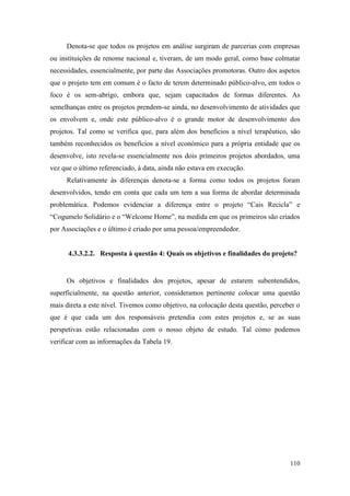 110
Denota-se que todos os projetos em análise surgiram de parcerias com empresas
ou instituições de renome nacional e, tiveram, de um modo geral, como base colmatar
necessidades, essencialmente, por parte das Associações promotoras. Outro dos aspetos
que o projeto tem em comum é o facto de terem determinado público-alvo, em todos o
foco é os sem-abrigo, embora que, sejam capacitados de formas diferentes. As
semelhanças entre os projetos prendem-se ainda, no desenvolvimento de atividades que
os envolvem e, onde este público-alvo é o grande motor de desenvolvimento dos
projetos. Tal como se verifica que, para além dos benefícios a nível terapêutico, são
também reconhecidos os benefícios a nível económico para a própria entidade que os
desenvolve, isto revela-se essencialmente nos dois primeiros projetos abordados, uma
vez que o último referenciado, à data, ainda não estava em execução.
Relativamente às diferenças denota-se a forma como todos os projetos foram
desenvolvidos, tendo em conta que cada um tem a sua forma de abordar determinada
problemática. Podemos evidenciar a diferença entre o projeto “Cais Recicla” e
“Cogumelo Solidário e o “Welcome Home”, na medida em que os primeiros são criados
por Associações e o último é criado por uma pessoa/empreendedor.
4.3.3.2.2. Resposta à questão 4: Quais os objetivos e finalidades do projeto?
Os objetivos e finalidades dos projetos, apesar de estarem subentendidos,
superficialmente, na questão anterior, consideramos pertinente colocar uma questão
mais direta a este nível. Tivemos como objetivo, na colocação desta questão, perceber o
que é que cada um dos responsáveis pretendia com estes projetos e, se as suas
perspetivas estão relacionadas com o nosso objeto de estudo. Tal como podemos
verificar com as informações da Tabela 19.
 