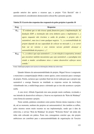 123
questão anterior dos apoios e recursos que, o projeto “Cais Recicla” não é
autossustentável, consideramos desnecessário colocar-lhe a presente questão.
Tabela 25. Excerto das respostas dos responsáveis pelos projetos à questão 10
Fonte: Elaboração própria com recurso às informações obtidas nas entrevistas
Quando falamos da autossustentabilidade do projeto, Miguel Neves é congruente
a mencionar a comparticipação obtida e outros apoios, como essenciais para o arranque
do projeto. Porém, esclarece que o produto final tem de ter saída para que o projeto seja
sustentável e consiga financiar na totalidade as respostas sociais da instituição,
vislumbrando isto, a médio/longo prazo e alertando que se isto não acontecer o projeto
acaba.
A este nível, Alfredo Figueiredo tem uma posição muito confiante, revelando a
sua intensão de desenvolver esforços e, focar-se na experiencia da “Rota da Mudança”
como forma de sustentar o projeto.
Neste sentido, podemos considerar como pontos fulcrais destas respostas o facto
de, até ao momento, nenhum dos projetos ser autossustentável. Isto também se reflete,
pelos mesmos serem muito recentes na sua implementação, sendo que à data da
entrevista, o serviço ‘Rota da Mudança’ do projeto “Welcome Home” até ainda não
tinha sido colocado em prática. Posto isto, conseguimos concluir que, são projeto
ambiciosos em contribuir para a autossustentabilidade de organizações do Terceiro
Proj. Respostas
PCS “É evidente que se não tivesse ajuda financeira para a implementação, da
fundação EDP, a instituição não teria dinheiro para o implementar (…)
agora enquanto não tivermos a saída do produto, o projeto não é
sustentável…mas isso é como qualquer negócio. “(…) a sustentabilidade do
projeto depende da sua capacidade de colocar no mercado (…) se correr
bem vai ter retorno e esse retorno vai-nos permitir alcançar a
sustentabilidade do projeto.(…)”.
PWH “(…) a ideia é que seja sustentável (…) e em relação à cooperativa, teremos
que encontrar também mecanismos que seja sustentável…o paradigma tem
estado a mudar, acreditamos nisso e vamos desenvolver esforços nesse
sentido.”
 
