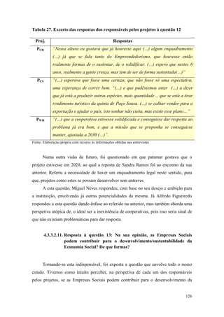 126
Tabela 27. Excerto das respostas dos responsáveis pelos projetos à questão 12
Fonte: Elaboração própria com recurso às informações obtidas nas entrevistas
Numa outra visão de futuro, foi questionado em que patamar gostava que o
projeto estivesse em 2020, ao qual a reposta de Sandra Ramos foi ao encontro da sua
anterior. Referiu a necessidade de haver um enquadramento legal neste sentido, para
que, projetos como estes se possam desenvolver sem entraves.
A esta questão, Miguel Neves respondeu, com base no seu desejo e ambição para
a instituição, envolvendo já outras potencialidades da mesma. Já Alfredo Figueiredo
respondeu a esta questão dando ênfase ao referido na anterior, mas também aborda uma
perspetiva utópica de, o ideal ser a inexistência de cooperativas, pois isso seria sinal de
que não existiam problemáticas para dar resposta.
4.3.3.2.11. Resposta à questão 13: Na sua opinião, as Empresas Sociais
podem contribuir para o desenvolvimento/sustentabilidade da
Economia Social? De que formas?
Tornando-se esta indispensável, foi exposta a questão que envolve todo o nosso
estudo. Tivemos como intuito perceber, na perspetiva de cada um dos responsáveis
pelos projetos, se as Empresas Sociais podem contribuir para o desenvolvimento da
Proj. Respostas
PCR “Nessa altura eu gostava que já houvesse aqui (…) algum enquadramento
(…) já que se fala tanto do Empreendedorismo, que houvesse então
realmente formas de o sustentar, de o solidificar. (…) espero que nestes 6
anos, realmente a gente cresça, mas tem de ser de forma sustentada(…)”
PCS “(…) esperava que fosse uma certeza, que não fosse só uma espectativa,
uma esperança de correr bem. “(…) e que pudéssemos estar (…) a dizer
que já está a produzir outras espécies, mais quantidade… que se está a tirar
rendimento turístico da quinta de Paço Sousa. (…) se calhar vender para a
exportação e ajudar o país, isto sonhar não custa, mas existe esse plano…”
PWH “(…) que a cooperativa estivesse solidificada e conseguisse dar resposta ao
problema já era bom, e que a missão que se proponha se conseguisse
manter, ajustada a 2030 (…)”.
 