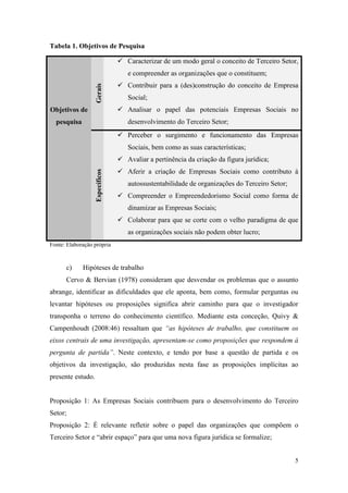 5
Tabela 1. Objetivos de Pesquisa
Objetivos de
pesquisa
Gerais
 Caracterizar de um modo geral o conceito de Terceiro Setor,
e compreender as organizações que o constituem;
 Contribuir para a (des)construção do conceito de Empresa
Social;
 Analisar o papel das potenciais Empresas Sociais no
desenvolvimento do Terceiro Setor;
Específicos
 Perceber o surgimento e funcionamento das Empresas
Sociais, bem como as suas características;
 Avaliar a pertinência da criação da figura jurídica;
 Aferir a criação de Empresas Sociais como contributo à
autossustentabilidade de organizações do Terceiro Setor;
 Compreender o Empreendedorismo Social como forma de
dinamizar as Empresas Sociais;
 Colaborar para que se corte com o velho paradigma de que
as organizações sociais não podem obter lucro;
Fonte: Elaboração própria
c) Hipóteses de trabalho
Cervo & Bervian (1978) consideram que desvendar os problemas que o assunto
abrange, identificar as dificuldades que ele aponta, bem como, formular perguntas ou
levantar hipóteses ou proposições significa abrir caminho para que o investigador
transponha o terreno do conhecimento científico. Mediante esta conceção, Quivy &
Campenhoudt (2008:46) ressaltam que “as hipóteses de trabalho, que constituem os
eixos centrais de uma investigação, apresentam-se como proposições que respondem à
pergunta de partida”. Neste contexto, e tendo por base a questão de partida e os
objetivos da investigação, são produzidas nesta fase as proposições implícitas ao
presente estudo.
Proposição 1: As Empresas Sociais contribuem para o desenvolvimento do Terceiro
Setor;
Proposição 2: É relevante refletir sobre o papel das organizações que compõem o
Terceiro Setor e “abrir espaço” para que uma nova figura jurídica se formalize;
 