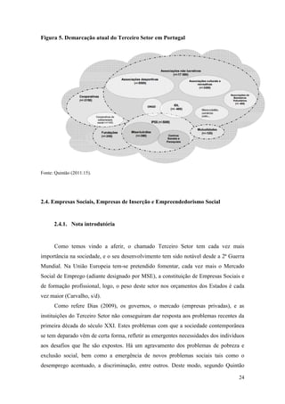 24
Figura 5. Demarcação atual do Terceiro Setor em Portugal
Fonte: Quintão (2011:15).
2.4. Empresas Sociais, Empresas de Inserção e Empreendedorismo Social
2.4.1. Nota introdutória
Como temos vindo a aferir, o chamado Terceiro Setor tem cada vez mais
importância na sociedade, e o seu desenvolvimento tem sido notável desde a 2ª Guerra
Mundial. Na União Europeia tem-se pretendido fomentar, cada vez mais o Mercado
Social de Emprego (adiante designado por MSE), a constituição de Empresas Sociais e
de formação profissional, logo, o peso deste setor nos orçamentos dos Estados é cada
vez maior (Carvalho, s/d).
Como refere Dias (2009), os governos, o mercado (empresas privadas), e as
instituições do Terceiro Setor não conseguiram dar resposta aos problemas recentes da
primeira década do século XXI. Estes problemas com que a sociedade contemporânea
se tem deparado vêm de certa forma, refletir as emergentes necessidades dos indivíduos
aos desafios que lhe são expostos. Há um agravamento dos problemas de pobreza e
exclusão social, bem como a emergência de novos problemas sociais tais como o
desemprego acentuado, a discriminação, entre outros. Deste modo, segundo Quintão
 