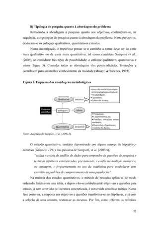 52
ii) Tipologia de pesquisa quanto à abordagem do problema
Rematando a abordagem à pesquisa quanto aos objetivos, contemplam-se, na
sequência, as tipologias de pesquisa quanto à abordagem do problema. Nesta perspetiva,
destacam-se os enfoques qualitativos, quantitativos e mistos.
Numa investigação, é imperioso pensar se o caminho a tomar deve ser de cariz
mais qualitativo ou de cariz mais quantitativo, tal como considera Sampieri et al.,
(2006), ao considerar três tipos de possibilidade: o enfoque qualitativo, quantitativo e
misto (figura 3). Contudo, todas as abordagens têm potencialidades, limitações e
contribuem para um melhor conhecimento da realidade (Minayo & Sanches, 1993).
Figura 6. Esquema das abordagens metodológicas
Fonte: Adaptado de Sampieri, et al. (2006:2).
O método quantitativo, também denominado por alguns autores de hipotético-
dedutivo (Grinnell, 1997), nas palavras de Sampieri, et al. (2006:5),
“utiliza a coleta de análise de dados para responder às questões de pesquisa e
testar as hipóteses estabelecidas, previamente, e confia na medição numérica,
na contagem, e frequentemente no uso da estatística para estabelecer com
exatidão os padrões de comportamento de uma população”.
Na maioria dos estudos quantitativos, o método de pesquisa aplica-se de modo
ordenado. Inicia com uma ideia, e depois vão-se estabelecendo objetivos e questões para
estudo, já com a revisão de literatura concretizada, é construída uma base teórica. Numa
fase posterior, a resposta aos objetivos e questões transforma-se em hipóteses, e já com
a seleção de uma amostra, testam-se as mesmas. Por fim, como referem os referidos
 