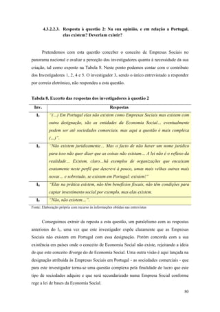 80
4.3.2.2.3. Resposta à questão 2: Na sua opinião, e em relação a Portugal,
elas existem? Deveriam existir?
Pretendemos com esta questão conceber o conceito de Empresas Sociais no
panorama nacional e avaliar a perceção dos investigadores quanto à necessidade da sua
criação, tal como exposto na Tabela 8. Neste ponto podemos contar com o contributo
dos Investigadores 1, 2, 4 e 5. O investigador 3, sendo o único entrevistado a responder
por correio eletrónico, não respondeu a esta questão.
Tabela 8. Excerto das respostas dos investigadores à questão 2
Inv. Respostas
I1 “(…) Em Portugal elas não existem como Empresas Sociais mas existem com
outra designação, são as entidades da Economia Social… eventualmente
podem ser até sociedades comerciais, mas aqui a questão é mais complexa
(…)”.
I2 “Não existem juridicamente… Mas o facto de não haver um nome jurídico
para isso não quer dizer que as coisas não existam… A lei não é o reflexo da
realidade… Existem, claro…há exemplos de organizações que encaixam
exatamente neste perfil que descrevi à pouco, umas mais velhas outras mais
novas… e sobretudo, se existem em Portugal: existem!”
I4 “Elas na prática existem, não têm benefícios fiscais, não têm condições para
captar investimento social por exemplo, mas elas existem.
I5 “Não, não existem…”.
Fonte: Elaboração própria com recurso às informações obtidas nas entrevistas
Conseguimos extrair da reposta a esta questão, um paralelismo com as respostas
anteriores do I1, uma vez que este investigador expõe claramente que as Empresas
Sociais não existem em Portugal com essa designação. Porém concorda com a sua
existência em países onde o conceito de Economia Social não existe, rejeitando a ideia
de que este conceito diverge do de Economia Social. Uma outra visão é aqui lançada na
designação atribuída às Empresas Sociais em Portugal - as sociedades comerciais - que
para este investigador torna-se uma questão complexa pela finalidade de lucro que este
tipo de sociedades adquire e que será secundarizado numa Empresa Social conforme
rege a lei de bases da Economia Social.
 
