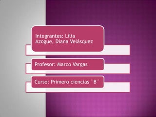 Integrantes: Lilia
Azogue, Diana Velásquez

Profesor: Marco Vargas
Curso: Primero ciencias ¨B¨

 