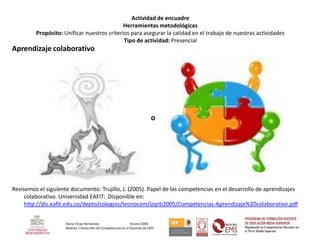 Actividad de encuadre
                                             Herramientas metodológicas
         Propósito: Unificar nuestros criterios para asegurar la calidad en el trabajo de nuestras actividades
                                             Tipo de actividad: Presencial
Aprendizaje colaborativo




                                                                           o




Revisemos el siguiente documento: Trujillo, J. (2005). Papel de las competencias en el desarrollo de aprendizajes
     colaborativo. Universidad EAFIT: .Disponible en:
     http://dis.eafit.edu.co/depto/colegios/tecnocom/jopiti2005/Competencias-Aprendizaje%20colaborativo.pdf


                     Diana Vinay Hernández                     Verano 2009
                     Módulo 2 Desarrollo de Competencias en el Docente de EMS
 