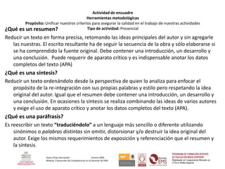 Actividad de encuadre
                                              Herramientas metodológicas
          Propósito: Unificar nuestros criterios para asegurar la calidad en el trabajo de nuestras actividades
¿Qué   es un resumen?                         Tipo de actividad: Presencial

Reducir un texto en forma precisa, retomando las ideas principales del autor y sin agregarle
   las nuestras. El escrito resultante ha de seguir la secuencia de la obra y sólo elaborarse si
   se ha comprendido la fuente original. Debe contener una introducción, un desarrollo y
   una conclusión. Puede requerir de aparato crítico y es indispensable anotar los datos
   completos del texto (APA)
¿Qué es una síntesis?
Reducir un texto ordenándolo desde la perspectiva de quien lo analiza para enfocar el
   propósito de la re-integración con sus propias palabras y estilo pero respetando la idea
   original del autor. Igual que el resumen debe contener una introducción, un desarrollo y
   una conclusión. En ocasiones la síntesis se realiza combinando las ideas de varios autores
   y exige el uso de aparato crítico y anotar los datos completos del texto (APA).
¿Qué es una paráfrasis?
Es reescribir un texto “traduciéndolo” a un lenguaje más sencillo o diferente utilizando
    sinónimos o palabras distintas sin omitir, distorsionar y/o destruir la idea original del
    autor. Exige los mismos requerimientos de exposición y referenciación que el resumen y
    la síntesis.

                      Diana Vinay Hernández                     Verano 2009
                      Módulo 2 Desarrollo de Competencias en el Docente de EMS
 