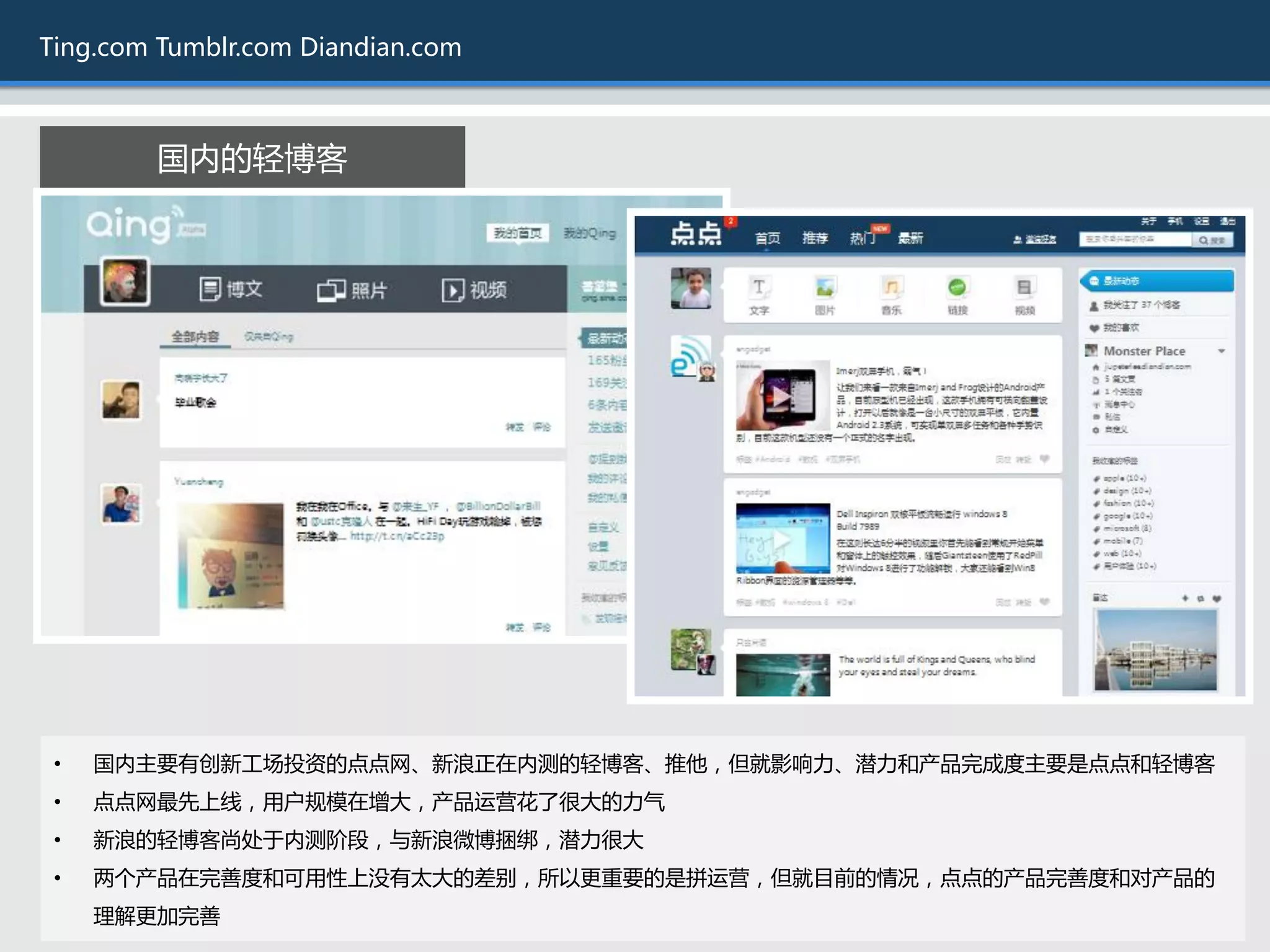 Ting.com Tumblr.com Diandian.com



        国内的轻博客




 •   国内主要有创新工场投资的点点网、新浪正在内测的轻博客、推他，但就影响力、潜力和产品完成度主要是点点和轻博客
 •   点点网最先上线，用户规模在增大，产品运营花了很大的力气
 •   新浪的轻博客尚处于内测阶段，不新浪微博捆绑，潜力很大
 •   两个产品在完善度和可用性上没有太大的差别，所以更重要的是拼运营，但就目前的情况，点点的产品完善度和对产品的
     理觋更加完善
 