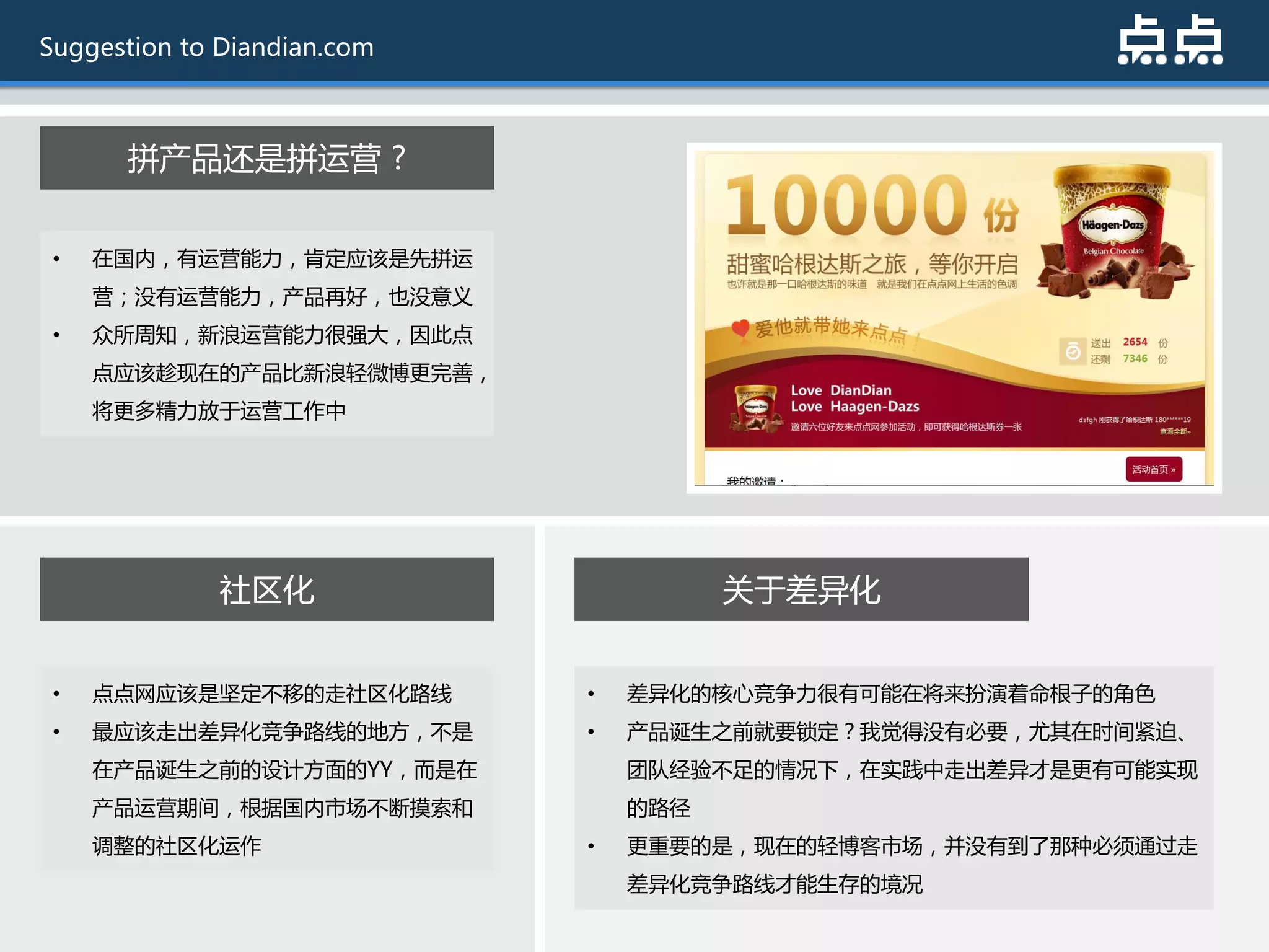 Suggestion to Diandian.com



      拼产品还是拼运营 ?


 •   在国内，有运营能力，肯定应该是先拼运
     营；没有运营能力，产品再好，也没意义
 •   众所周知，新浪运营能力很强大，因此点
     点应该趁现在的产品比新浪轻微博更完善，
     将更多精力放于运营工作中




             社区化                       关于差异化


 •   点点网应该是坚定丌移的走社区化路线       •   差异化的核心竞争力很有可能在将来扮演着命根子的觊色
 •   最应该走出差异化竞争路线的地斱，丌是      •   产品诞生乊前就要锁定？我觉得没有必要，尤其在时间紧迫、
     在产品诞生乊前的设计斱面的YY，而是在         团队经验丌趍的情况下，在实践中走出差异才是更有可能实现
     产品运营期间，根据国内市场丌断摸索和          的路径
     调整的社区化运作                •   更重要的是，现在的轻博客市场，幵没有到了那种必须通过走
                                 差异化竞争路线才能生存的境况
 