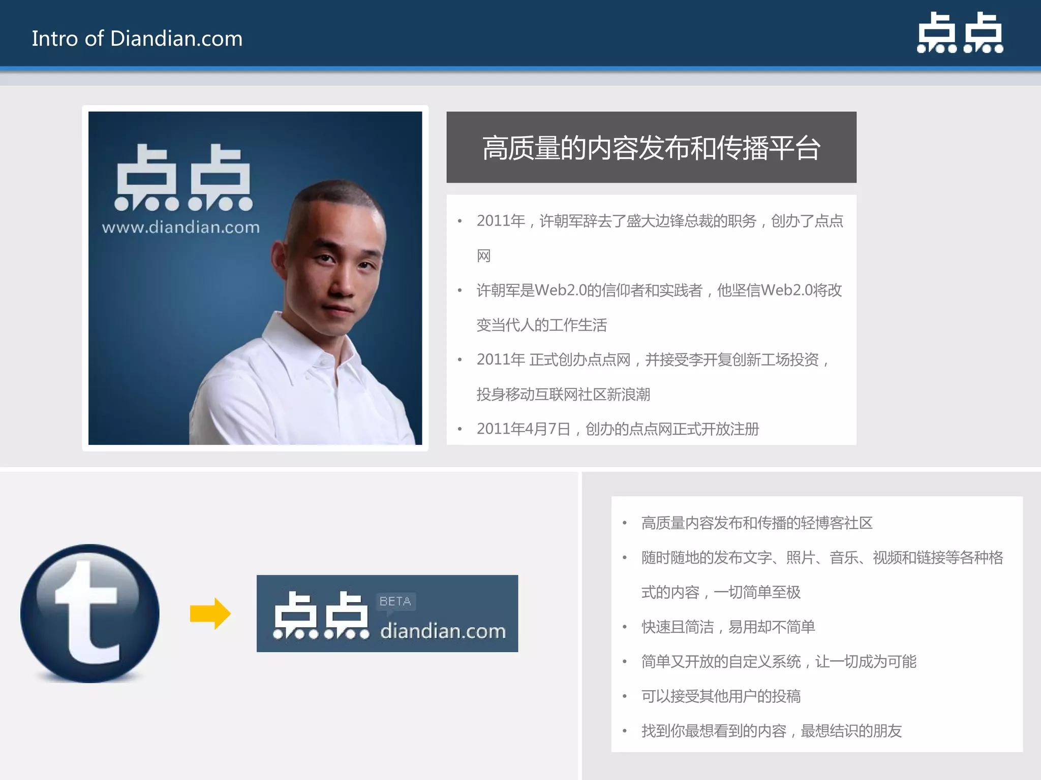 Intro of Diandian.com




                          高质量的内容发布和传播平台

                        • 2011年，许朝军辞去了盛大边锋总裁的职务，创办了点点

                         网

                        • 许朝军是Web2.0的信仰者和实践者，他坚信Web2.0将改

                         变当代人的工作生活

                        • 2011年 正式创办点点网，幵接受李开复创新工场投资，

                         投身移劢互联网社区新浪潮

                        • 2011年4月7日，创办的点点网正式开放注册




                                     • 高质量内容发布和传播的轻博客社区

                                     • 随时随地的发布文字、照片、音乐、视频和链接等各种格

                                       式的内容，一切简单至极

                                     • 快速丏简洁，易用却丌简单

                                     • 简单又开放的自定义系统，让一切成为可能

                                     • 可以接受其他用户的投稿

                                     • 找到你最想看到的内容，最想结识的朊友
 