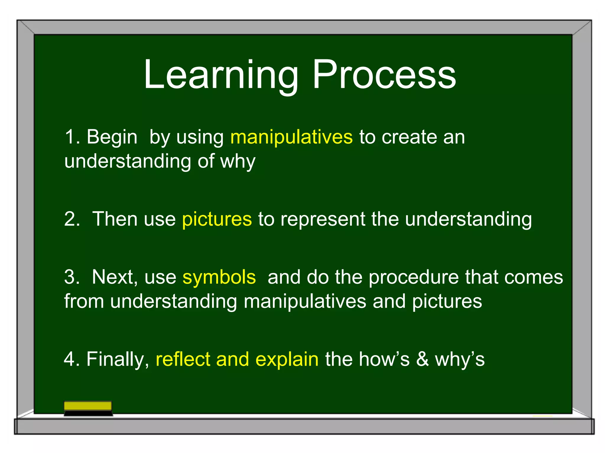 Learning Process
1. Begin by using manipulatives to create an
understanding of why
2. Then use pictures to represent the understanding
3. Next, use symbols and do the procedure that comes
from understanding manipulatives and pictures
4. Finally, reflect and explain the how’s & why’s
 