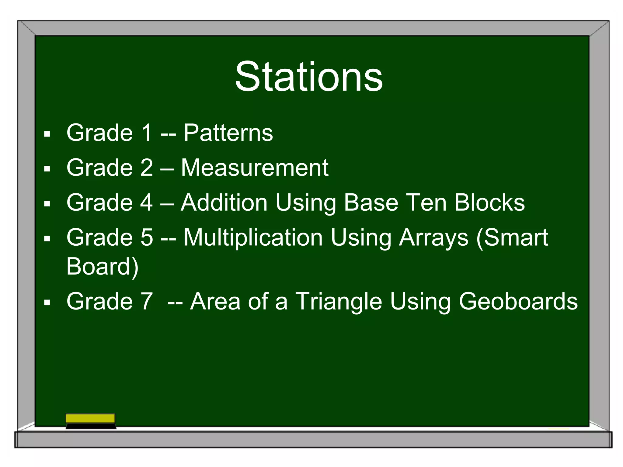 Stations
 Grade 1 -- Patterns
 Grade 2 – Measurement
 Grade 4 – Addition Using Base Ten Blocks
 Grade 5 -- Multiplication Using Arrays (Smart
Board)
 Grade 7 -- Area of a Triangle Using Geoboards
 