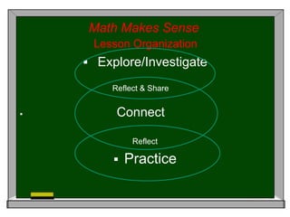 Math Makes Sense
Lesson Organization
 Explore/Investigate
Reflect & Share
 Connect
Reflect
 Practice
 