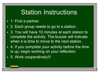 Station Instructions
 1. Find a partner.
 2. Each group needs to go to a station.
 3. You will have 10 minutes at each station to
complete the activity. The buzzer will indicate
when it is time to move to the next station.
 4. If you complete your activity before the time
is up, begin working on your reflection.
 5. Work cooperatively!!!
 