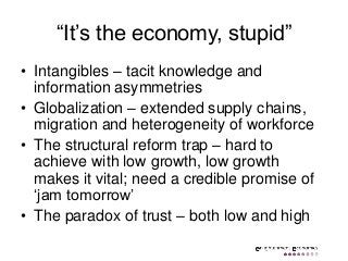 “It’s the economy, stupid”
• Intangibles – tacit knowledge and
information asymmetries
• Globalization – extended supply c...