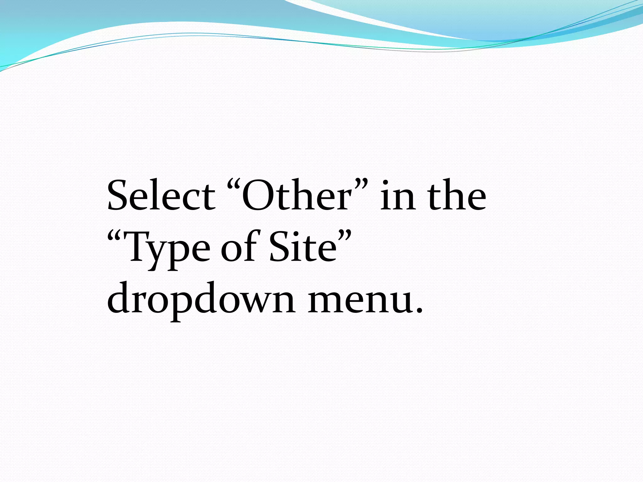Select “Other” in the
“Type of Site”
dropdown menu.
 