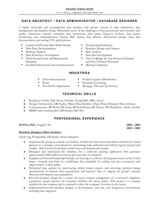 DIANE ENGLAND
                                 E MAIL : diane_england_data@swbell.net


  D AT A A R C H I T E C T / D AT A A D M I N I S T R AT O R / D AT A B A S E D E S I G N E R

A highly motivated and accomplished data modeler with proven success in data architecture, data
management and database design. Particularly aware of the challenges of data governance and customer data
quality. Experience includes enterprise data warehouses, data marts, Hyperion Essbase, data quality
monitoring, data standardization, Oracle, SQL Server, Star Schema dimensional design, meta data
documentation and writing ETL specifications.
        Logical and Physical Data Model Design             Naming Standardization
        Meta Data Documentation                            Database Design and Creation
        Database Support                                   Data Analysis
        Data Warehouse development                         Data Mart development
        Third Normal Form and Dimensional                  Able To Bridge the Gap between Technical
        Modeling                                           and Non-Technical Personnel
        Excellent Presentation and Communication           Meeting Facilitation

                                             IND US T RIE S

                     Telecommunications                 Product Logistics Distribution
                     Retail                             Financial Accounting
                     Non-Profit Organization            Mortgage Title and Tax Services

                                       T E CHNIC AL S K IL LS

    ♦     Databases: Oracle, SQL Server, Essbase, PostgreSQL, DB2, Access
    ♦     Design: Embarcadero ER/Studio, ERwin Data Modeler, Sybase Power Designer Data Architect
    ♦     Communication: MS Word, MS Excel, MS PowerPoint, MS Project, MS SharePoint, Adobe Acrobat
    ♦     DBMS tools: Embarcadero DBArtisan, SQL Plus

                                P ROFE S S IO NAL E X P E RIE NCE

AVAYA, INC., Coppell, TX                                                                       2006 – 2009
                                                                                               2003 – 2005
Database Designer/Data Architect
Oracle 10g, PostgreSQL, ER/Studio, Power Designer
    ♦     Supported the group as a hands–on database modeler for data marts and object-oriented Java based
          projects in a dynamic environment by maintaining fully attributed and defined logical and physical
          models. This involved both third normal form and dimensional models.
    ♦     Designed and maintained the database for a multi-site quoting application that generates
          approximately $500 million in revenue per year since its inception.
    ♦     Supplied architectural leadership through net meetings to software development teams in the United
          States, Australia and India by establishing data standards for coding and data consistency and
          improvement of data quality.
    ♦     Performed data analysis by interviewing subject matter experts and reviewing technical design
          specifications to discover data requirements and business rules to support the group’s strategic
          direction and business case preparation.
    ♦     Provided database design for a system for secure remote management of a customer's telephony
          equipment, unique because the customer enforces the access policy. This project is a strategic
          initiative for the company and is expected to drive the company’s business in the future.
    ♦     Implemented/revised database designs in development, unit test, and integration environments
          including data migration.
 