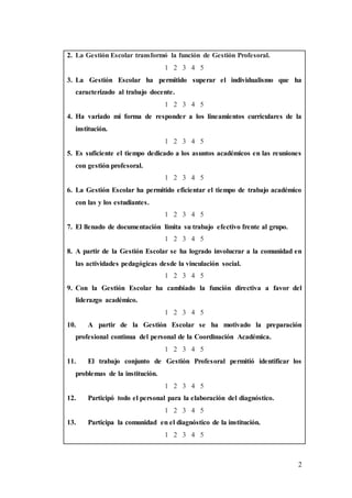 2
2. La Gestión Escolar transformó la función de Gestión Profesoral.
1 2 3 4 5
3. La Gestión Escolar ha permitido superar el individualismo que ha
caracterizado al trabajo docente.
1 2 3 4 5
4. Ha variado mi forma de responder a los lineamientos curriculares de la
institución.
1 2 3 4 5
5. Es suficiente el tiempo dedicado a los asuntos académicos en las reuniones
con gestión profesoral.
1 2 3 4 5
6. La Gestión Escolar ha permitido eficientar el tiempo de trabajo académico
con las y los estudiantes.
1 2 3 4 5
7. El llenado de documentación limita su trabajo efectivo frente al grupo.
1 2 3 4 5
8. A partir de la Gestión Escolar se ha logrado involucrar a la comunidad en
las actividades pedagógicas desde la vinculación social.
1 2 3 4 5
9. Con la Gestión Escolar ha cambiado la función directiva a favor del
liderazgo académico.
1 2 3 4 5
10. A partir de la Gestión Escolar se ha motivado la preparación
profesional continua del personal de la Coordinación Académica.
1 2 3 4 5
11. El trabajo conjunto de Gestión Profesoral permitió identificar los
problemas de la institución.
1 2 3 4 5
12. Participó todo el personal para la elaboración del diagnóstico.
1 2 3 4 5
13. Participa la comunidad en el diagnóstico de la institución.
1 2 3 4 5
 