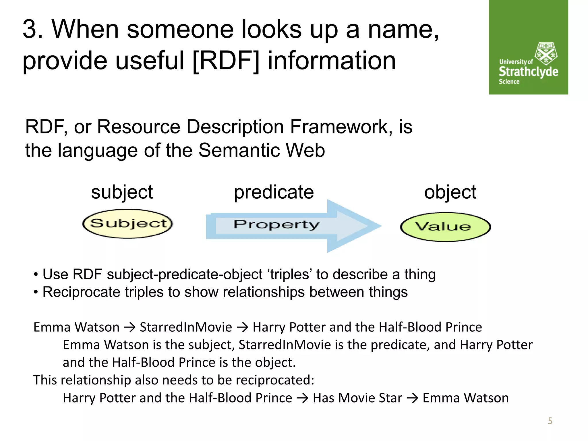 3. When someone looks up a name,
provide useful [RDF] information
5
• Use RDF subject-predicate-object ‘triples’ to describe a thing
• Reciprocate triples to show relationships between things
Emma Watson → StarredInMovie → Harry Potter and the Half-Blood Prince
Emma Watson is the subject, StarredInMovie is the predicate, and Harry Potter
and the Half-Blood Prince is the object.
This relationship also needs to be reciprocated:
Harry Potter and the Half-Blood Prince → Has Movie Star → Emma Watson
RDF, or Resource Description Framework, is
the language of the Semantic Web
predicate objectsubject
 