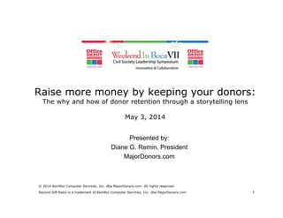 Raise more money by keeping your donors:
The why and how of donor retention through a storytelling lens
May 3, 2014
Presented by:
Diane G. Remin, President
MajorDonors.com
1
© 2014 RemRol Computer Services, Inc. dba MajorDonors.com. All rights reserved.
Second Gift Ratio is a trademark of RemRol Computer Services, Inc. dba MajorDonors.com
 