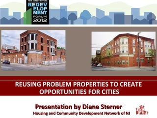 REUSING PROBLEM PROPERTIES TO CREATE
       OPPORTUNITIES FOR CITIES

      Presentation by Diane Sterner
     Housing and Community Development Network of NJ
 