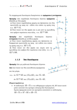 Ε π ι μ έ λ ε ι α : A s k 4 M a t h Δ ι αν ύ σ μ ατ α Β ′ Λ υ κ ε ί ο υ
Σελίδα 10 από 172 www.askisiologio.gr
Τα συγγραμμικά διανύσματα διακρίνονται σε ομόρροπα ή αντίρροπα.
Ορισμός: Δύο παράλληλα διανύσματα λέγονται ομόρροπα
(δηλαδή με ίδια φορά):
α) Όταν έχουν παράλληλους φορείς και βρίσκονται στο ίδιο
ημιεπίπεδο ως προς την ευθεία που ενώνει τις αρχές τους
π.χ. ΑΒ ΓΔ↑↑
 
.
β) Όταν έχουν τον ίδιο φορέα και η μία από τις ημιευθείες
που ορίζουν περιέχεται στην άλλη, π.χ. ΕΖ ΗΘ↑↑
 
.
Ορισμός: Δύο παράλληλα διανύσματα λέγονται
αντίρροπα (δηλαδή με αντίθετη φορά):
α) Όταν έχουν παράλληλους φορείς και βρίσκονται σε
διαφορετικά ημιεπίπεδα ως προς την ευθεία που ενώνει
τις αρχές τους π.χ. ΑΒ ΓΔ↑↓
 
.
β) Όταν έχουν τον ίδιο φορέα και καμία από τις
ημιευθείες που ορίζουν δεν περιέχεται στην άλλη π.χ. τα
ΕΖ ΗΘ↑↓
 
.
Ίσα διανύσματα
Ορισμός: Δύο μη μηδενικά διανύσματα λέγονται
ίσα όταν έχουν την ίδια κατεύθυνση (ομόρροπα)
και ίσα μέτρα.
π.χ. Αν ΓΔ ΕΖ↑↑
 
και |ΓΔ||ΕΖ|=
 
, τότε ΓΔ ΕΖ=
 
.
Αν ΓΔ ΚΛ↑↑
 
και |ΓΔ||ΚΛ|=
 
, τότε ΓΔ ΚΛ=
 
.
Π α ρ α τ η ρ ή σ ε ι ς
• Η ισοδυναμία ΑΒ ΓΔ= ⇔
 
«τα ευθύγραμμα τμήματα ΑΔ, ΒΓ έχουν κοινό
μέσο» αποτελεί ένα κριτήριο ισότητας δύο διανυσμάτων.
Άμεση εφαρμογή αυτού του κριτηρίου αποτελούν οι ισοδυναμίες
ΑΒ ΓΔ ΑΓ ΒΔ ΔΒ ΓΑ= ⇔ = ⇔ =
     
.
 