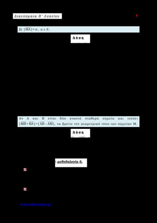 Δ ι αν ύ σ μ ατ α Β ′ Λ υ κ ε ί ο υ Ε π ι μ έ λ ε ι α : A s k 4 M a t h
www.askisiologio.gr Σελίδα 25 από 172
β) |ΜΑ|= α

, α ∈  .
Λ ύ σ η
α) Το |ΑΜ|

είναι η απόσταση των σημείων Α και Μ. Άρα ζητάμε να βρούμε τον
γεωμετρικό τόπο των σημείων Μ που απέχουν από το σταθερό σημείο Α σταθερή
απόσταση ίση με 3. Το σύνολο αυτών των σημείων είναι ο κύκλος με κέντρο το
Α και ακτίνα ίση με 3.
β) Επειδή α ∈  , διακρίνουμε τρεις περιπτώσεις:
• Αν α 0> , τότε η περίπτωση είναι παρόμοια με το ερώτημα (α), οπότε ο
ζητούμενος γεωμετρικός τόπος είναι ο κύκλος με κέντρο το Α και ακτίνα
ίση με α.
• Αν α 0= , τότε έχουμε |ΜΑ|= 0

, δηλαδή ΜΑ = 0

. Άρα το σημείο Μ
ταυτίζεται με το σημείο Α.
• Αν α 0< , τότε η σχέση |ΜΑ|= α

είναι αδύνατη, γιατί γνωρίζουμε ότι
|ΜΑ| 0≥

. Άρα ο ζητούμενος γεωμετρικός τόπος είναι το κενό σύνολο.
Π α ρ ά δ ε ι γ μ α Ν ο 3
Αν Α και Β είναι δύο γνωστά σταθερά σημεία και ισχύει
|ΜΒ+ ΒΑ|=|ΑΒ ΑΜ|−
   
, να βρείτε τον γεωμετρικό τόπο των σημείων Μ.
Λ ύ σ η
Ισχύει|ΜΒ+ΒΑ|=|ΑΒ ΑΜ| |ΜΑ|=|ΜΒ|− ⇔
     
, δηλαδή το σημείο Μ ισαπέχει από
τα άκρα του ευθυγράμμου τμήματος ΑΒ. Άρα ο ζητούμενος γεωμετρικός τόπος
του Μ είναι η μεσοκάθετος του ευθυγράμμου τμήματος ΑΒ.
Εφαρμόστε παρακάτω τη μεθοδολογία 6.
Δίνεται τρίγωνο ΑΒΓ. Να βρείτε τον γεωμετρικό τόπο των σημείων Μ για τα
οποία ισχύει:
i. ΒΜ ΑΓ/ /
 
ii. ΑΜ ΑΓ/ /
 
.
Έστω Α, Β γνωστά σταθερά σημεία. Να βρείτε τον γεωμετρικό τόπο των
σημείων Μ για τα οποία ισχύει |ΑΒ+ΒΜ|=1
 
.
 