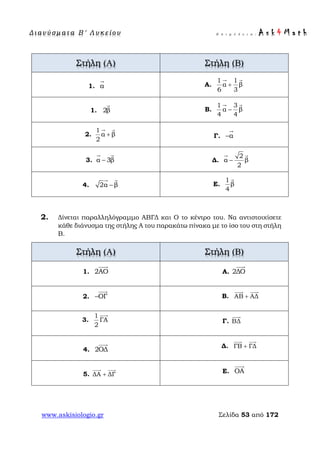 Δ ι αν ύ σ μ ατ α Β ′ Λ υ κ ε ί ο υ Ε π ι μ έ λ ε ι α : A s k 4 M a t h
www.askisiologio.gr Σελίδα 53 από 172
Στήλη (Α) Στήλη (Β)
1. α

Α.
1 1
α β
6 3
+
 
1. 2β

Β.
1 3
α β
4 4
−
 
2.
1
α β
2
+
 
Γ. α−

3. α 3β−
 
Δ.
2
α β
2
−
 
4. 2α β−
 
Ε.
1
β
4

2. Δίνεται παραλληλόγραμμο ΑΒΓΔ και Ο το κέντρο του. Να αντιστοιχίσετε
κάθε διάνυσμα της στήλης Α του παρακάτω πίνακα με το ίσο του στη στήλη
Β.
Στήλη (Α) Στήλη (Β)
1. 2ΑΟ

Α. 2ΔΟ

2. ΟΓ−

Β. ΑΒ ΑΔ+
 
3.
1
ΓΑ
2

Γ. ΒΔ

4. 2ΟΔ
 Δ. ΓΒ ΓΔ+
 
5. ΔΑ ΔΓ+
  Ε. ΟΑ

 