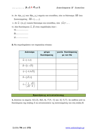 Ε π ι μ έ λ ε ι α : A s k 4 M a t h Δ ι αν ύ σ μ ατ α Β ′ Λ υ κ ε ί ο υ
Σελίδα 78 από 172 www.askisiologio.gr
iv. Αν 1 1A(x , y ) και 2 2B(x , y ) σημεία του επιπέδου, τότε το διάνυσμα ΑΒ

έχει
Συντεταγμένες ( )ΑΒ ...,...=

.
v. Αν ( )α x,y=

τυχαίο διάνυσμα του επιπέδου, τότε |α|=

… .
vi. Δύο διανύσματα α

, β

είναι παράλληλα όταν :
α)……………….
β)……………….
γ)……………….
2. Να συμπληρώσετε τον παρακάτω πίνακα:
Διάνυσμα μέτρο
διανύσματος
γωνία διανύσματος
με τον Οx
( )α 1,1= −

( )β 1, 3= −

( )γ 3,3 3= −

( )δ 3,1=

1 2
v ,
22
 
=   
 

Ερωτήσεις αντιστοίχισης
1. Δίνονται τα σημεία ( )A 1,2 , Β(3, 0), ( )Γ 4, 1− και ( )Δ 5,7− . Σε καθένα από τα
διανύσματα της στήλης Α να αντιστοιχίσετε τις συντεταγμένες του στη στήλη Β.
 