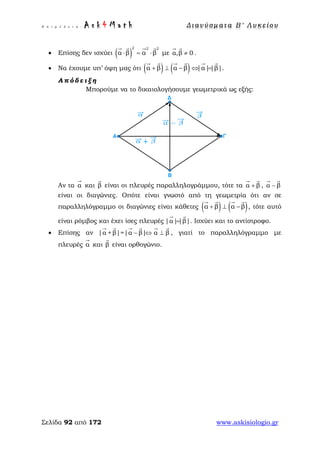 Ε π ι μ έ λ ε ι α : A s k 4 M a t h Δ ι αν ύ σ μ ατ α Β ′ Λ υ κ ε ί ο υ
Σελίδα 92 από 172 www.askisiologio.gr
• Επίσης δεν ισχύει ( )
2 2 2
α β α β⋅ = ⋅
   
με α,β 0≠
 
.
• Να έχουμε υπ’ όψη μας ότι ( ) ( )α β α β |α||β|+ ⊥ − ⇔ =
     
.
Α π ό δ ε ι ξ η
Μπορούμε να το δικαιολογήσουμε γεωμετρικά ως εξής:
Αν τα α

και β

είναι οι πλευρές παραλληλογράμμου, τότε τα α β+
 
, α β−
 
είναι οι διαγώνιες. Οπότε είναι γνωστό από τη γεωμετρία ότι αν σε
παραλληλόγραμμο οι διαγώνιες είναι κάθετες ( ) ( )α β α β+ ⊥ −
   
, τότε αυτό
είναι ρόμβος και έχει ίσες πλευρές |α| |β|=
 
. Ισχύει και το αντίστροφο.
• Επίσης αν |α +β|=|α β| α β− ⇔ ⊥
     
, γιατί το παραλληλόγραμμο με
πλευρές α

και β

είναι ορθογώνιο.
 