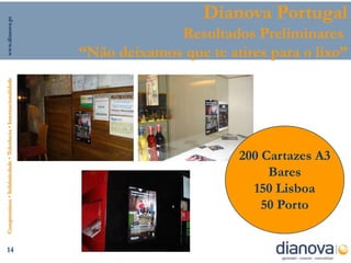 www.dianova.pt
                                                                                  Dianova Portugal
                                                                             Resultados Preliminares
                                                                “Não deixamos que te atires para o lixo”
Compromisso • Solidariedade • Tolerância • Internacionalidade




                                                                                       200 Cartazes A3
                                                                                            Bares
                                                                                         150 Lisboa
                                                                                           50 Porto


      14
 