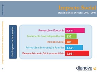 4
    Compromisso • Solidariedade • Tolerância • Internacionalidade   www.dianova.pt


                                                                                                         Impacto Social
                                                                     Beneficiários Directos 2007--2009
 