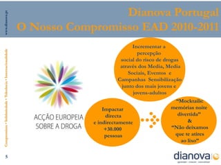 Dianova Portugal
www.dianova.pt




                                                                O Nosso Compromisso EAD 2010-2011
                                                                                                Incrementar a
Compromisso • Solidariedade • Tolerância • Internacionalidade




                                                                                                  percepção
                                                                                          social do risco de drogas
                                                                                          através dos Media, Media
                                                                                              Sociais, Eventos e
                                                                                        Campanhas Sensibilização
                                                                                           junto dos mais jovens e
                                                                                                jovens-adultos
                                                                                                                  •“Mocktails:
                                                                                •Impactar                      •memórias noite
                                                                                  •directa                         •divertida”
                                                                            •e indirectamente                           •&
                                                                                 •+30.000                       •“Não deixamos
                                                                                 •pessoas                         •que te atires
                                                                                                                    •ao lixo”

                     5
 