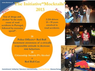 Commitment| Solidarity| Tolerance| Internacionality… Inspiring Change! Dianova Portugal© 12
26
Police Officers+ Red Bull
Increment awereness of a civically
responsible attitude to decrease
risk behaviors.
30
Citizenship Awards 0% Alcohol
=
Red Bull Can
Use of drugs and
alcohol “is the main
cause of road
accidents in Portugal,
followed by excessive
speed”.
2.234 drivers
15 – 19 years
envolved in
road accidents.
The Initiative“Mocktails”
2013
 