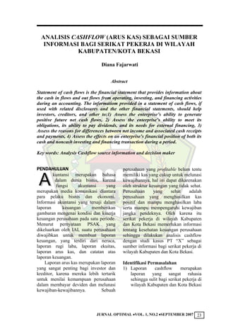 JURNAL OPTIMAL VOL. 1, NO.2 SEPTEMBER 2007 23
ANALISIS CASHFLOW (ARUS KAS) SEBAGAI SUMBER
INFORMASI BAGI SERIKAT PEKERJA...