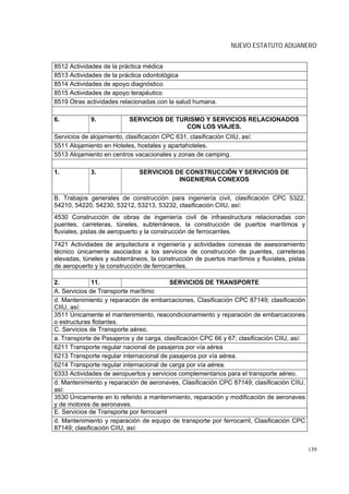 NUEVO ESTATUTO ADUANERO


8512 Actividades de la práctica médica
8513 Actividades de la práctica odontológica
8514 Actividades de apoyo diagnóstico
8515 Actividades de apoyo terapéutico
8519 Otras actividades relacionadas con la salud humana.

6.           9.            SERVICIOS DE TURISMO Y SERVICIOS RELACIONADOS
                                           CON LOS VIAJES.
Servicios de alojamiento, clasificación CPC 631, clasificación CIIU, así:
5511 Alojamiento en Hoteles, hostales y apartahoteles.
5513 Alojamiento en centros vacacionales y zonas de camping.

1.           3.                SERVICIOS DE CONSTRUCCIÓN Y SERVICIOS DE
                                          INGENIERIA CONEXOS

B. Trabajos generales de construcción para ingeniería civil, clasificación CPC 5322,
54210, 54220, 54230, 53212, 53213, 53232, clasificación CIIU, así:
4530 Construcción de obras de ingeniería civil de infraestructura relacionadas con
puentes, carreteras, túneles, subterráneos, la construcción de puertos marítimos y
fluviales, pistas de aeropuerto y la construcción de ferrocarriles.

7421 Actividades de arquitectura e ingeniería y actividades conexas de asesoramiento
técnico únicamente asociados a los servicios de construcción de puentes, carreteras
elevadas, túneles y subterráneos, la construcción de puertos marítimos y fluviales, pistas
de aeropuerto y la construcción de ferrocarriles.

2.            11.                          SERVICIOS DE TRANSPORTE
A. Servicios de Transporte marítimo
d. Mantenimiento y reparación de embarcaciones, Clasificación CPC 87149; clasificación
CIIU, así:
3511 Únicamente el mantenimiento, reacondicionamiento y reparación de embarcaciones
o estructuras flotantes.
C. Servicios de Transporte aéreo.
a. Transporte de Pasajeros y de carga, clasificación CPC 66 y 67; clasificación CIIU, así:
6211 Transporte regular nacional de pasajeros por vía aérea
6213 Transporte regular internacional de pasajeros por vía aérea.
6214 Transporte regular internacional de carga por vía aérea.
6333 Actividades de aeropuertos y servicios complementarios para el transporte aéreo.
d. Mantenimiento y reparación de aeronaves, Clasificación CPC 87149; clasificación CIIU,
así:
3530 Únicamente en lo referido a mantenimiento, reparación y modificación de aeronaves
y de motores de aeronaves.
E. Servicios de Transporte por ferrocarril
d. Mantenimiento y reparación de equipo de transporte por ferrocarril, Clasificación CPC
87149; clasificación CIIU, así:


                                                                                             139
 