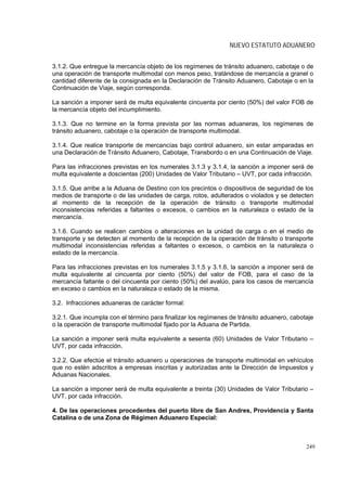 NUEVO ESTATUTO ADUANERO


3.1.2. Que entregue la mercancía objeto de los regímenes de tránsito aduanero, cabotaje o de
una operación de transporte multimodal con menos peso, tratándose de mercancía a granel o
cantidad diferente de la consignada en la Declaración de Tránsito Aduanero, Cabotaje o en la
Continuación de Viaje, según corresponda.

La sanción a imponer será de multa equivalente cincuenta por ciento (50%) del valor FOB de
la mercancía objeto del incumplimiento.

3.1.3. Que no termine en la forma prevista por las normas aduaneras, los regímenes de
tránsito aduanero, cabotaje o la operación de transporte multimodal.

3.1.4. Que realice transporte de mercancías bajo control aduanero, sin estar amparadas en
una Declaración de Tránsito Aduanero, Cabotaje, Transbordo o en una Continuación de Viaje.

Para las infracciones previstas en los numerales 3.1.3 y 3.1.4, la sanción a imponer será de
multa equivalente a doscientas (200) Unidades de Valor Tributario – UVT, por cada infracción.

3.1.5. Que arribe a la Aduana de Destino con los precintos o dispositivos de seguridad de los
medios de transporte o de las unidades de carga, rotos, adulterados o violados y se detecten
al momento de la recepción de la operación de tránsito o transporte multimodal
inconsistencias referidas a faltantes o excesos, o cambios en la naturaleza o estado de la
mercancía.

3.1.6. Cuando se realicen cambios o alteraciones en la unidad de carga o en el medio de
transporte y se detecten al momento de la recepción de la operación de tránsito o transporte
multimodal inconsistencias referidas a faltantes o excesos, o cambios en la naturaleza o
estado de la mercancía.

Para las infracciones previstas en los numerales 3.1.5 y 3.1.6, la sanción a imponer será de
multa equivalente al cincuenta por ciento (50%) del valor de FOB, para el caso de la
mercancía faltante o del cincuenta por ciento (50%) del avalúo, para los casos de mercancía
en exceso o cambios en la naturaleza o estado de la misma.

3.2. Infracciones aduaneras de carácter formal:

3.2.1. Que incumpla con el término para finalizar los regímenes de tránsito aduanero, cabotaje
o la operación de transporte multimodal fijado por la Aduana de Partida.

La sanción a imponer será multa equivalente a sesenta (60) Unidades de Valor Tributario –
UVT, por cada infracción.

3.2.2. Que efectúe el tránsito aduanero u operaciones de transporte multimodal en vehículos
que no estén adscritos a empresas inscritas y autorizadas ante la Dirección de Impuestos y
Aduanas Nacionales.

La sanción a imponer será de multa equivalente a treinta (30) Unidades de Valor Tributario –
UVT, por cada infracción.

4. De las operaciones procedentes del puerto libre de San Andres, Providencia y Santa
Catalina o de una Zona de Régimen Aduanero Especial:



                                                                                           249
 