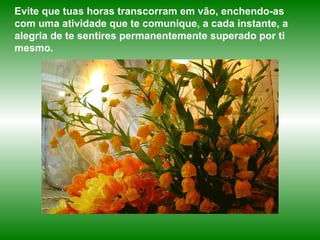 Evite que tuas horas transcorram em vão, enchendo-as com uma atividade que te comunique, a cada instante, a alegria de te sentires permanentemente superado por ti mesmo.   