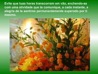 Evite que tuas horas transcorram em vão, enchendo-as com uma atividade que te comunique, a cada instante, a alegria de te sentires permanentemente superado por ti mesmo.   