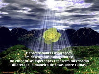 Perdeste nobres aspirações  em desenganos esmagadores;  no entanto, as esperanças renascem no coração dilacerado, à maneira de rosas sobre ruínas. 