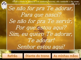 Se não for pra Te adorar,
Para que nasci?
Se não for pra Te servir,
Por que estou aqui?
Sim, eu quero Te adorar,
Te adorar!
Senhor estou aqui!
 