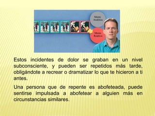 Estos incidentes de dolor se graban en un nivel
subconsciente, y pueden ser repetidos más tarde,
obligándote a recrear o dramatizar lo que te hicieron a ti
antes.
Una persona que de repente es abofeteada, puede
sentirse impulsada a abofetear a alguien más en
circunstancias similares.
 
