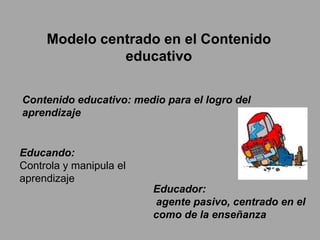 Modelo centrado en el Contenido
educativo
Contenido educativo: medio para el logro del
aprendizaje

Educando:
Controla y manipula el
aprendizaje
Educador:
agente pasivo, centrado en el
como de la enseñanza

 