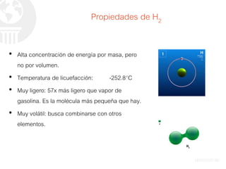 • Alta concentración de energía por masa, pero
no por volumen.
• Temperatura de licuefacción: -252.8°C
• Muy ligero: 57x más ligero que vapor de
gasolina. Es la molécula más pequeña que hay.
• Muy volátil: busca combinarse con otros
elementos.
Propiedades de H2
 