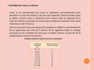  Cantidad de conos a colocar:
Como se ha mencionado, los conos se utilizarán principalmente para
delimitar la zona de tránsito y la zona de transición. Para el primer caso,
se deben colocar conos o tambores para cubrir toda la longitud de la
zona de tránsito, teniendo en cuenta que la distancia máxima entre estos
elementos es de 9 metros.
Para el caso de la zona de transición también es válida la recomendación
de no separarlos por más de 9 metros. En la siguiente tabla se entrega
una guía con la cantidad de conos que se deben colocar en función de la
longitud de la zona de transición.
NÚMERO MÍNIMO DE CONOS EN ZONA DE TRANSICIÓN
Longitud de
Transición
(m)
Número mínimo de
conos de tránsito
Menor 24 4
25 a 42 6
43 a 60 8
61 a 75 10
76 a 90 12
91 a 110 14
111 a 130 16
131 a 150 18
151 a 170 20
171 a 220 26
221 a 260 30
 