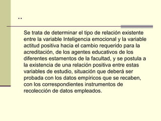 ..
     Se trata de determinar el tipo de relación existente
     entre la variable Inteligencia emocional y la variable
     actitud positiva hacia el cambio requerido para la
     acreditación, de los agentes educativos de los
     diferentes estamentos de la facultad, y se postula a
     la existencia de una relación positiva entre estas
     variables de estudio, situación que deberá ser
     probada con los datos empíricos que se recaben,
     con los correspondientes instrumentos de
     recolección de datos empleados.
 